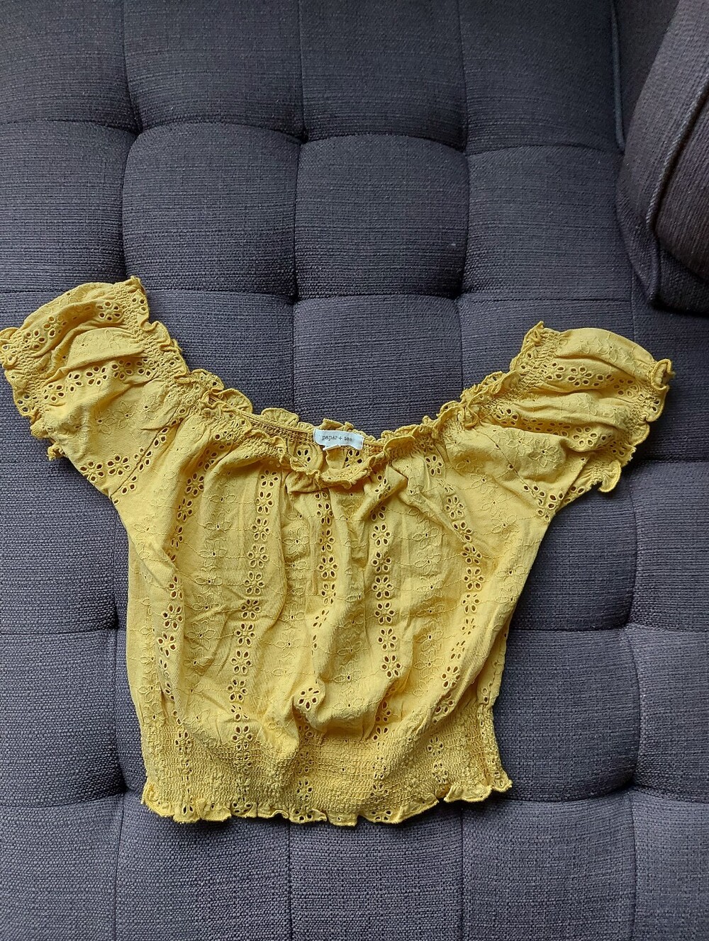 100 Percent Cotron Yellow Eyelet Off-Shoulder Crop Top